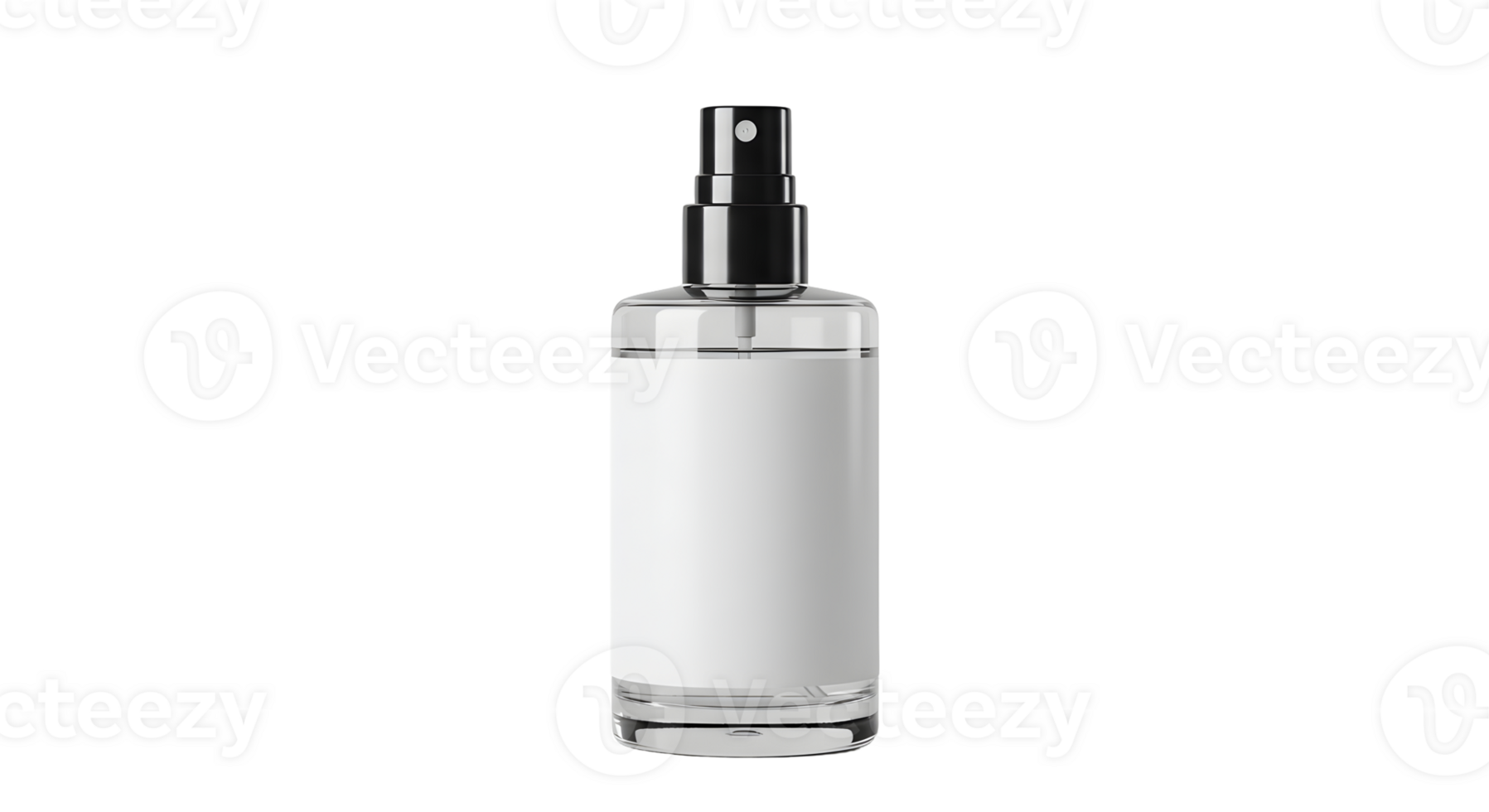 Clear Glass Spray Bottle with White Label and Black Cap on Transparent Background png