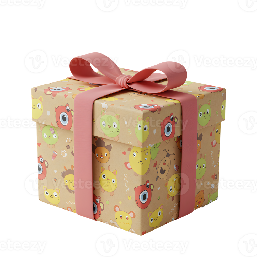 Cute Animal Gift Box with Pink Ribbon png