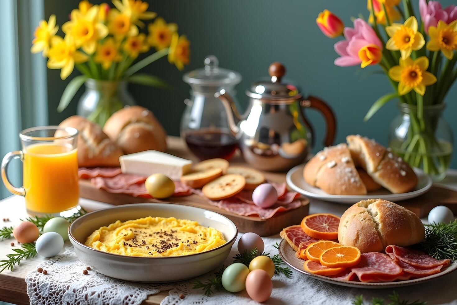 A table with eggs, bread, orange juice, and other food items photo