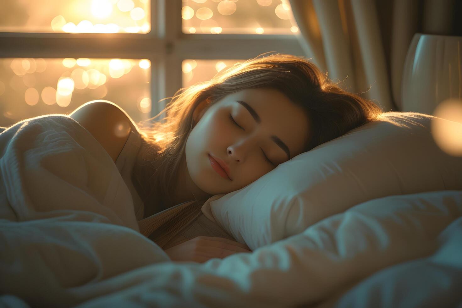 A woman sleeping in bed with a white pillow photo