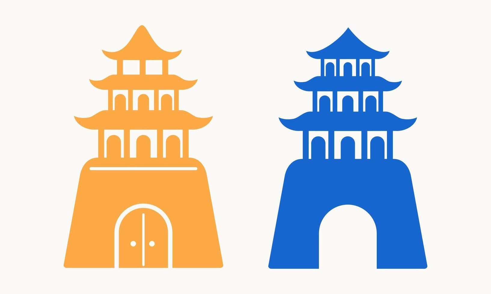 Yellow and Blue Pagoda Tower Icons with Different Styles vector