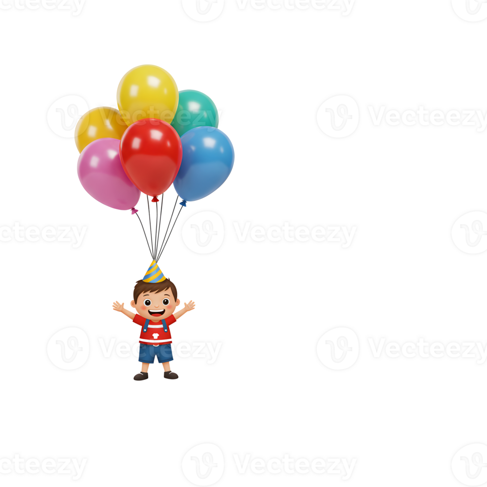 Joyful Boy Floating with Colorful Balloons Against Transparent Background png