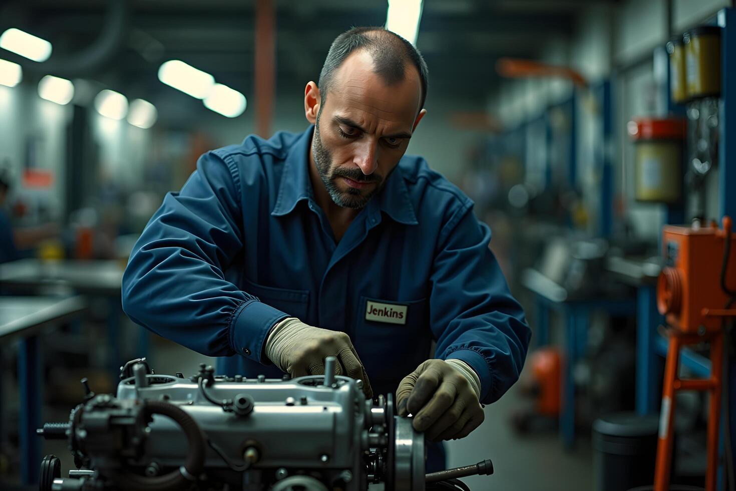 A man working on a car engine in a factory photo