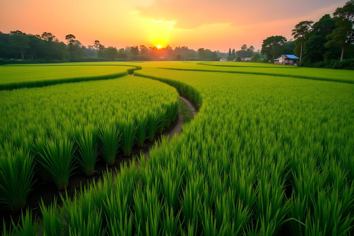 A rice field at sunset with the sun setting behind it photo