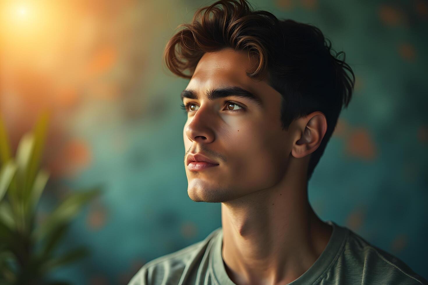 A young man with a green shirt looking up photo