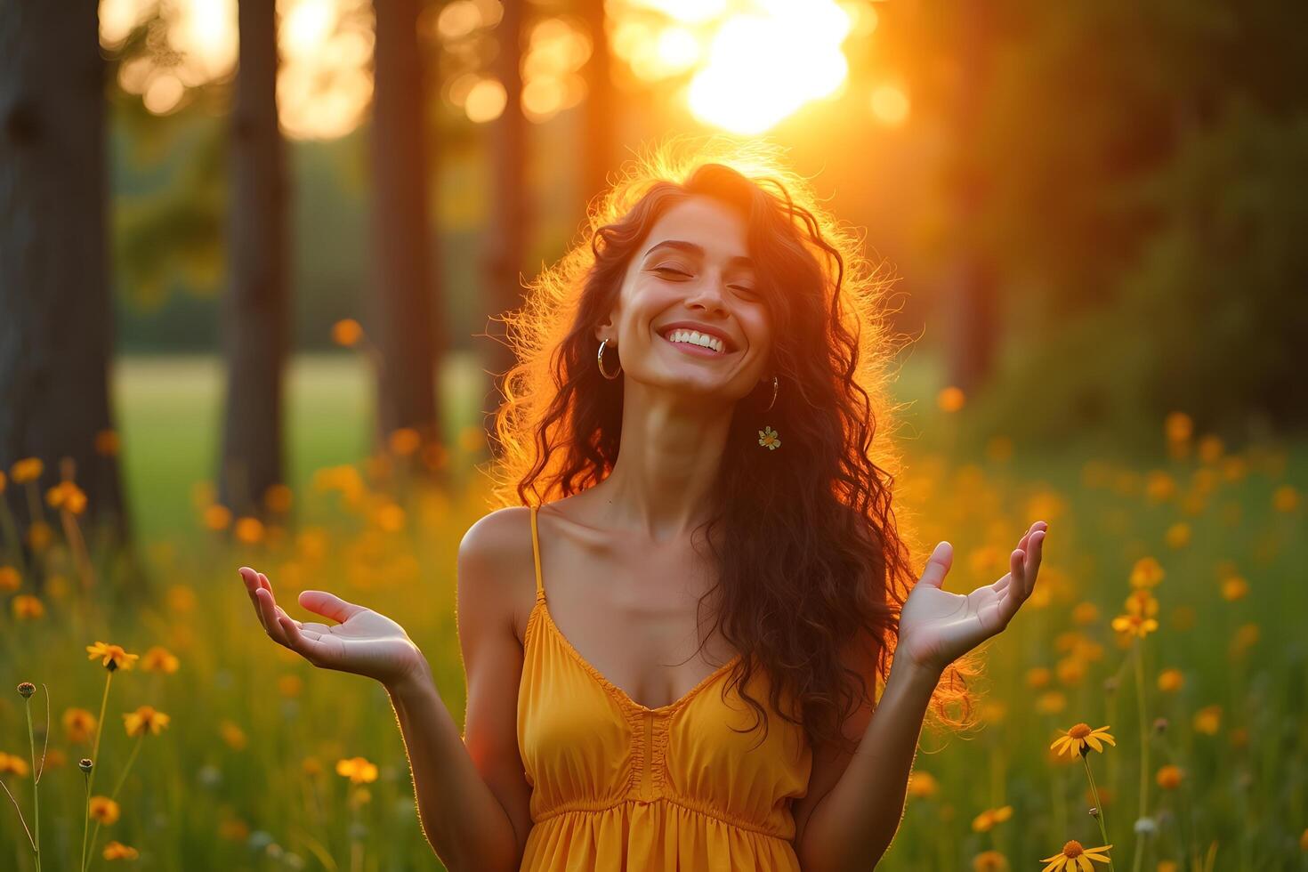 A woman in a yellow dress is smiling in the sun photo