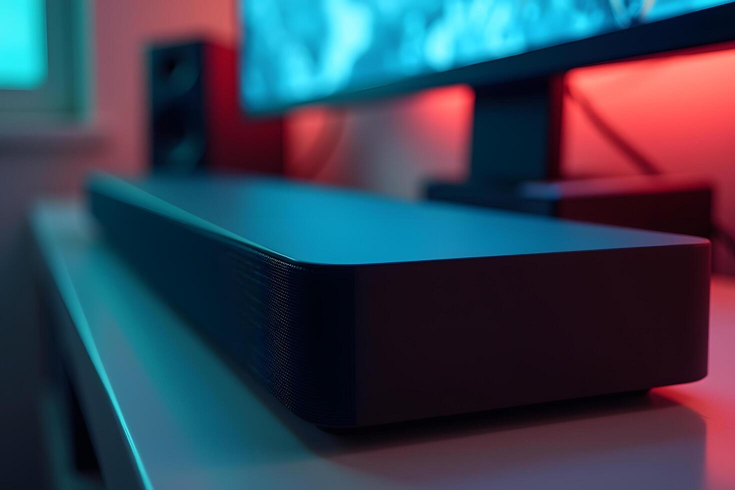 A tv with a sound bar sitting on top of a desk photo