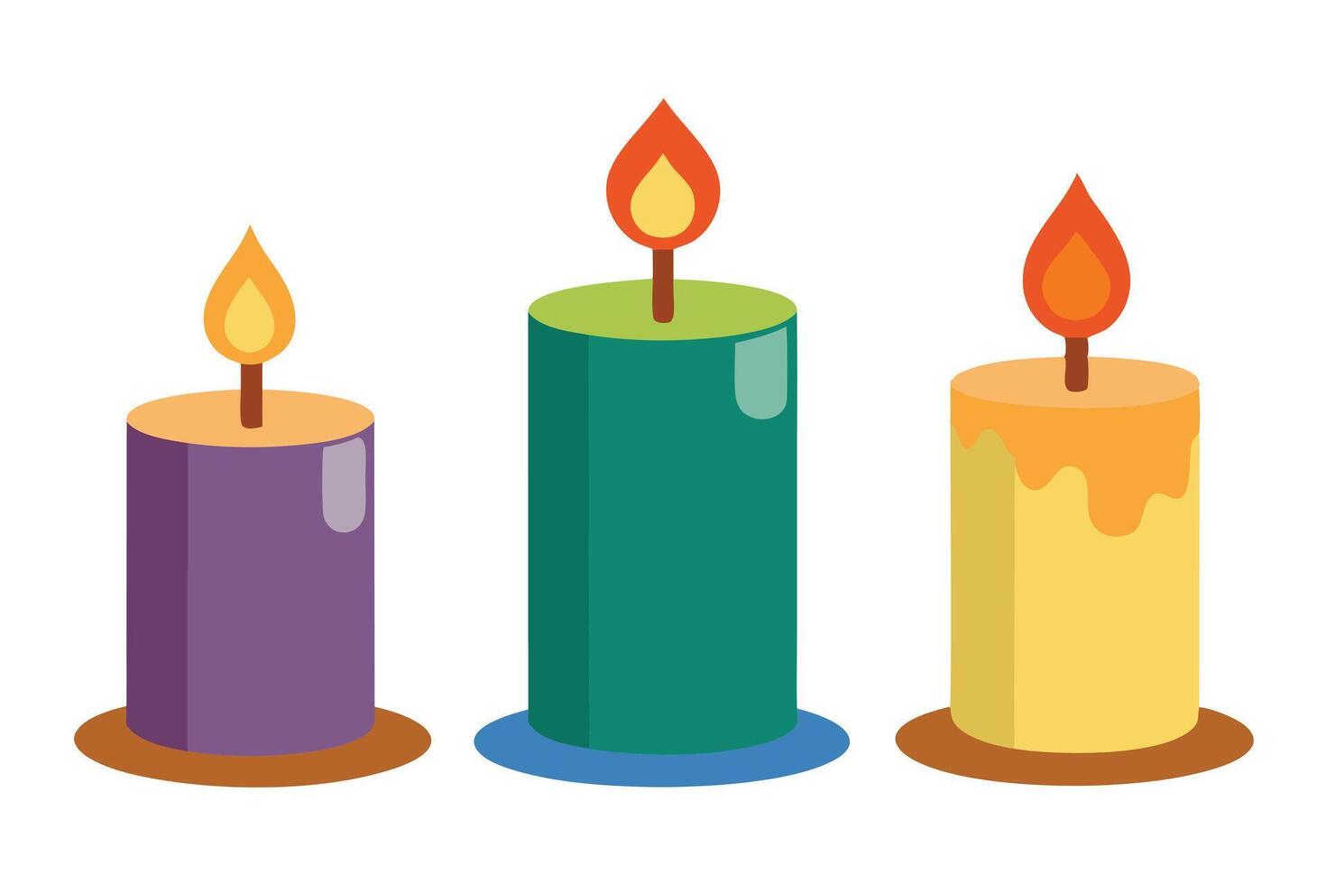 A colorful candles with lit flames against a white background vector