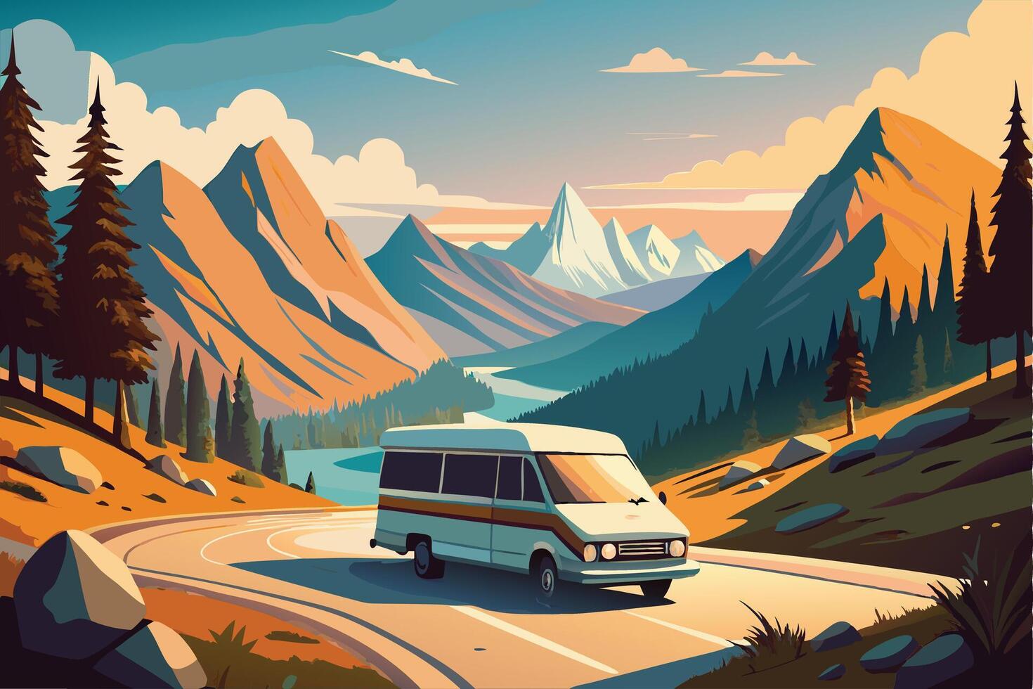 Vintage camper van travels scenic mountain road vector