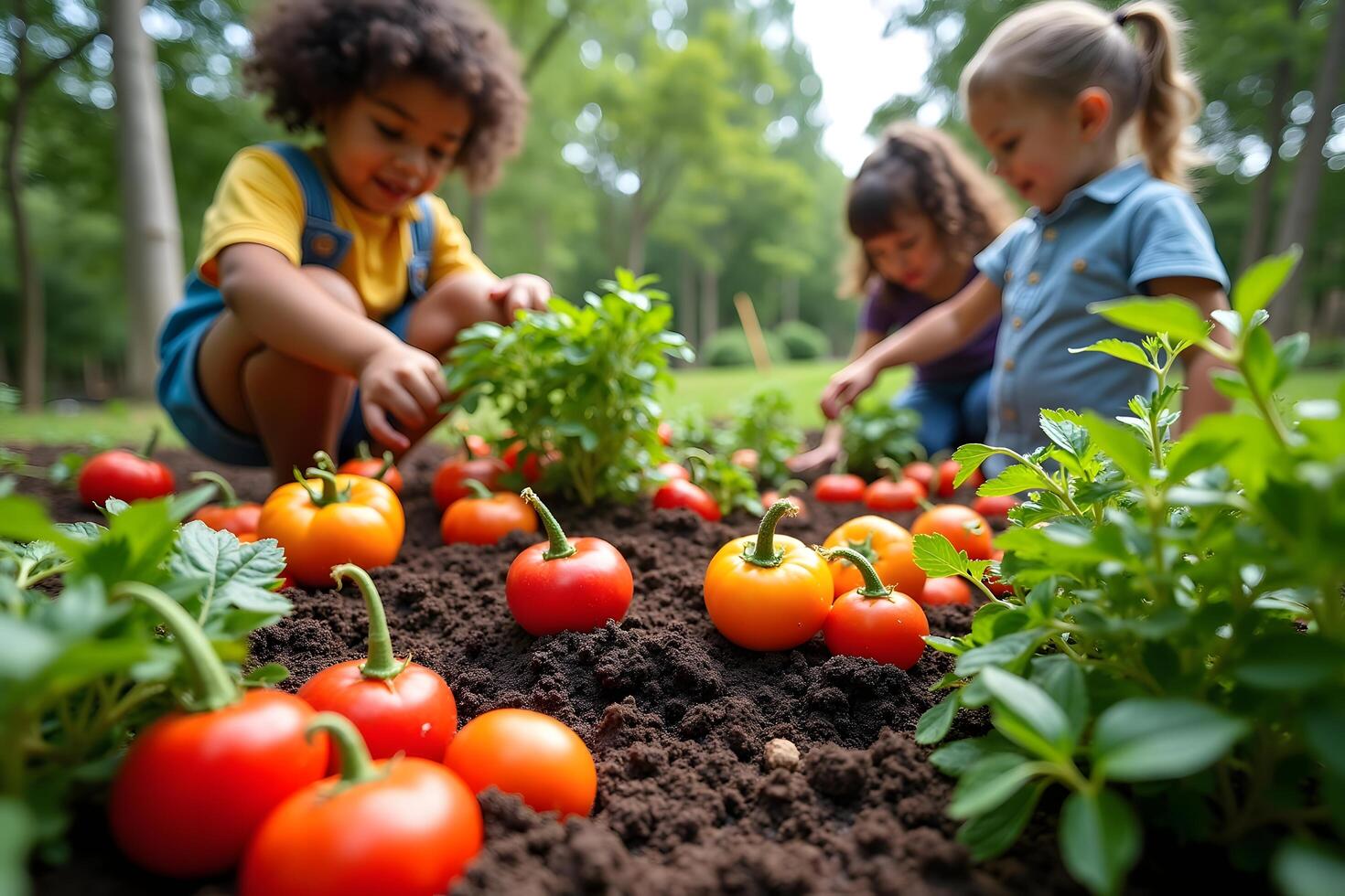 Three children are picking tomatoes from the ground photo
