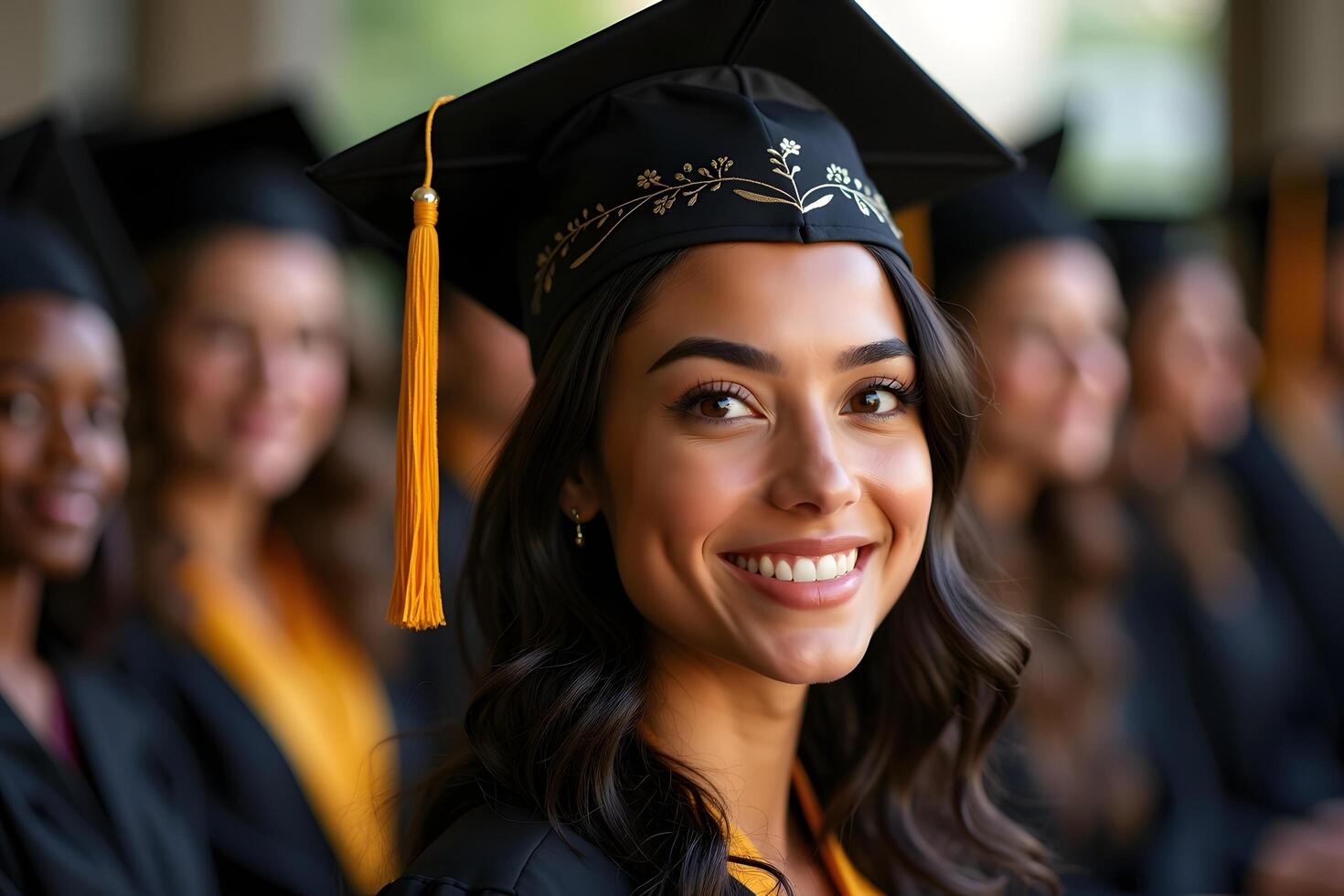 A woman in a graduation gown and cap smiling photo