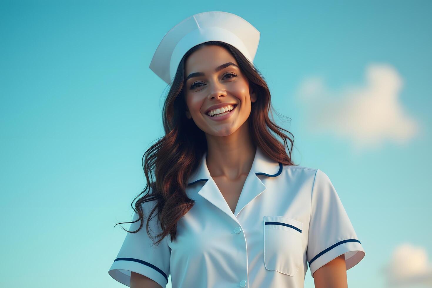 A woman in a nurse uniform is smiling photo