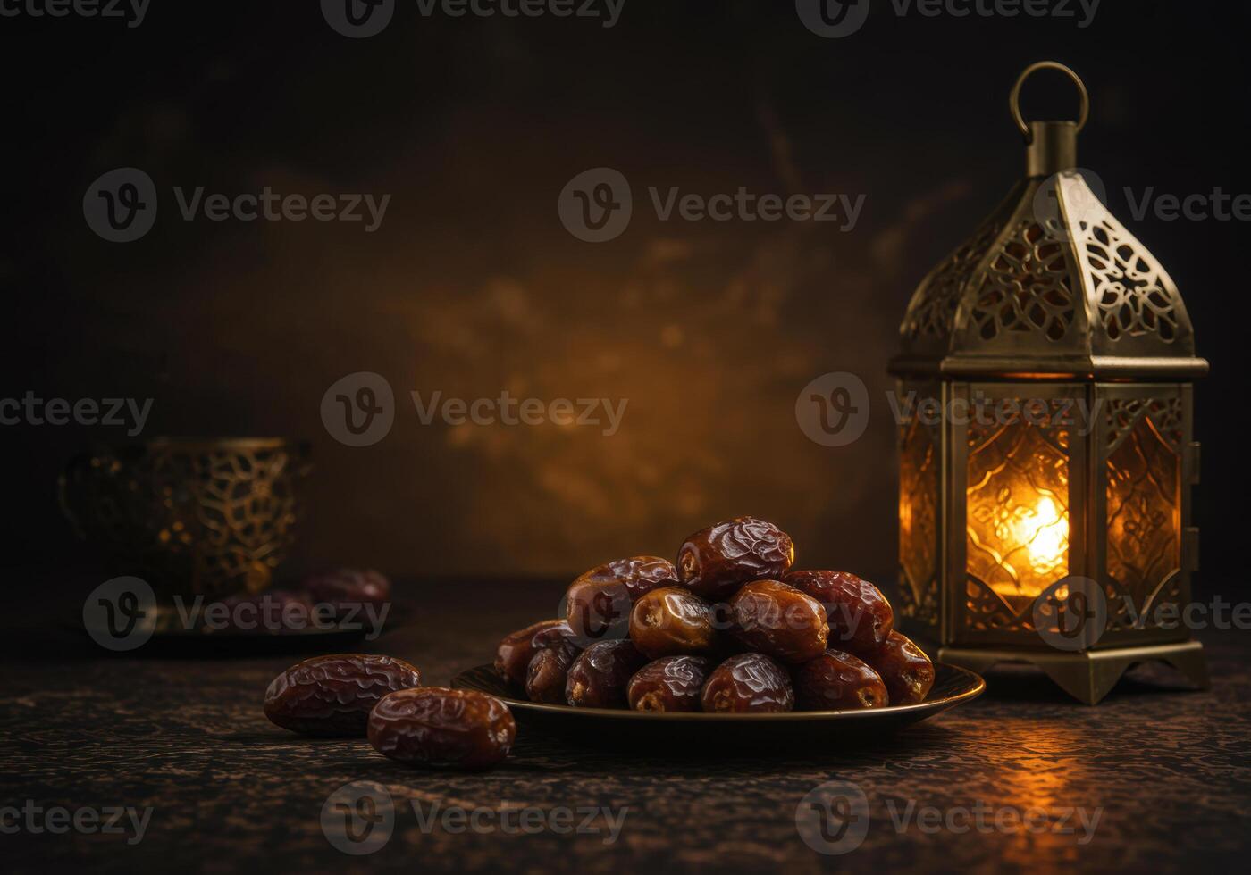 Lantern and date plate with Ramadan Kareem message, Ramadan Kareem Background, Ramadan Vibes photo