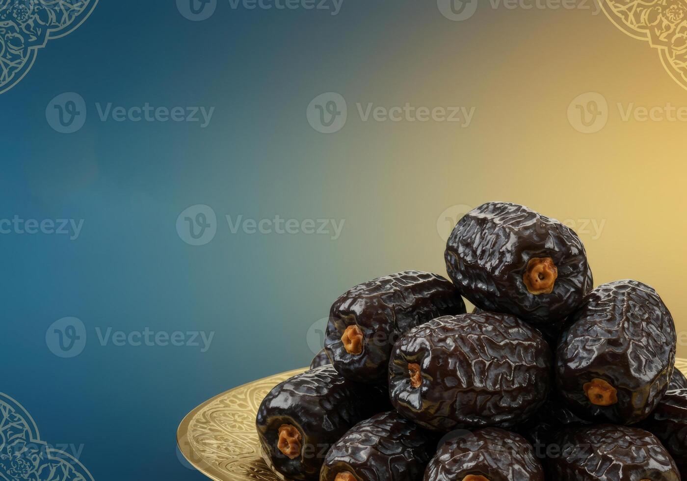 Close-up of dates with Ramadan Kareem greeting on a blue and gold background, Ramadan Kareem Background, Ramadan Vibes photo