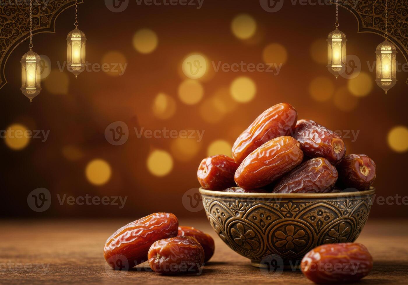 Dates in a decorative bowl with Ramadan Kareem message, Ramadan Kareem Background, Ramadan Vibes photo