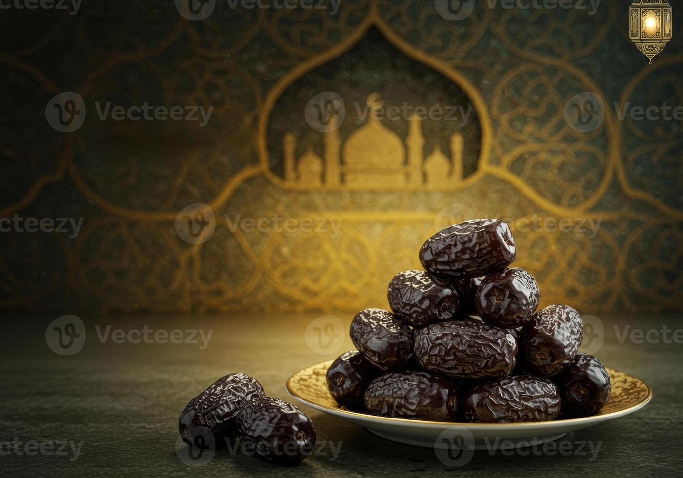 Dates on a golden plate with mosque silhouette and Ramadan Kareem greeting, Ramadan Kareem Background, Ramadan Vibes photo