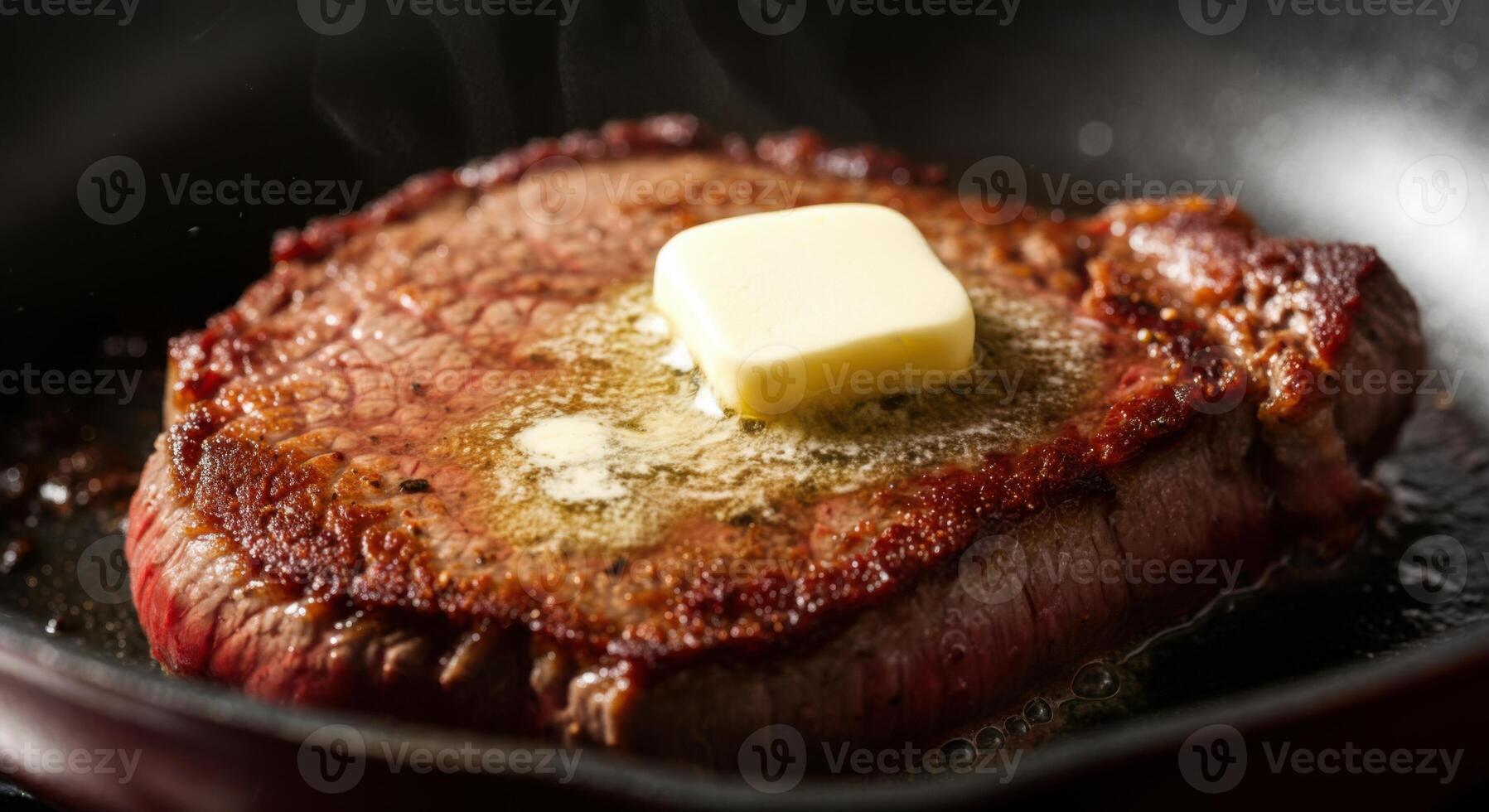 A juicy steak sizzles in a hot skillet, topped with a melting pat of butter photo