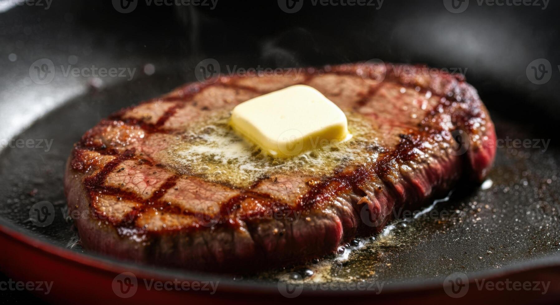A beautifully grilled steak, marked with grill lines, sizzles in a skillet with a melting pat of butter on top photo