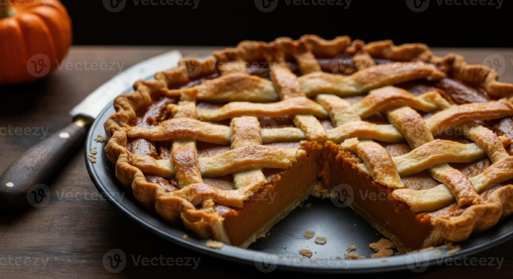 A delicious pumpkin pie with a golden-brown lattice crust photo