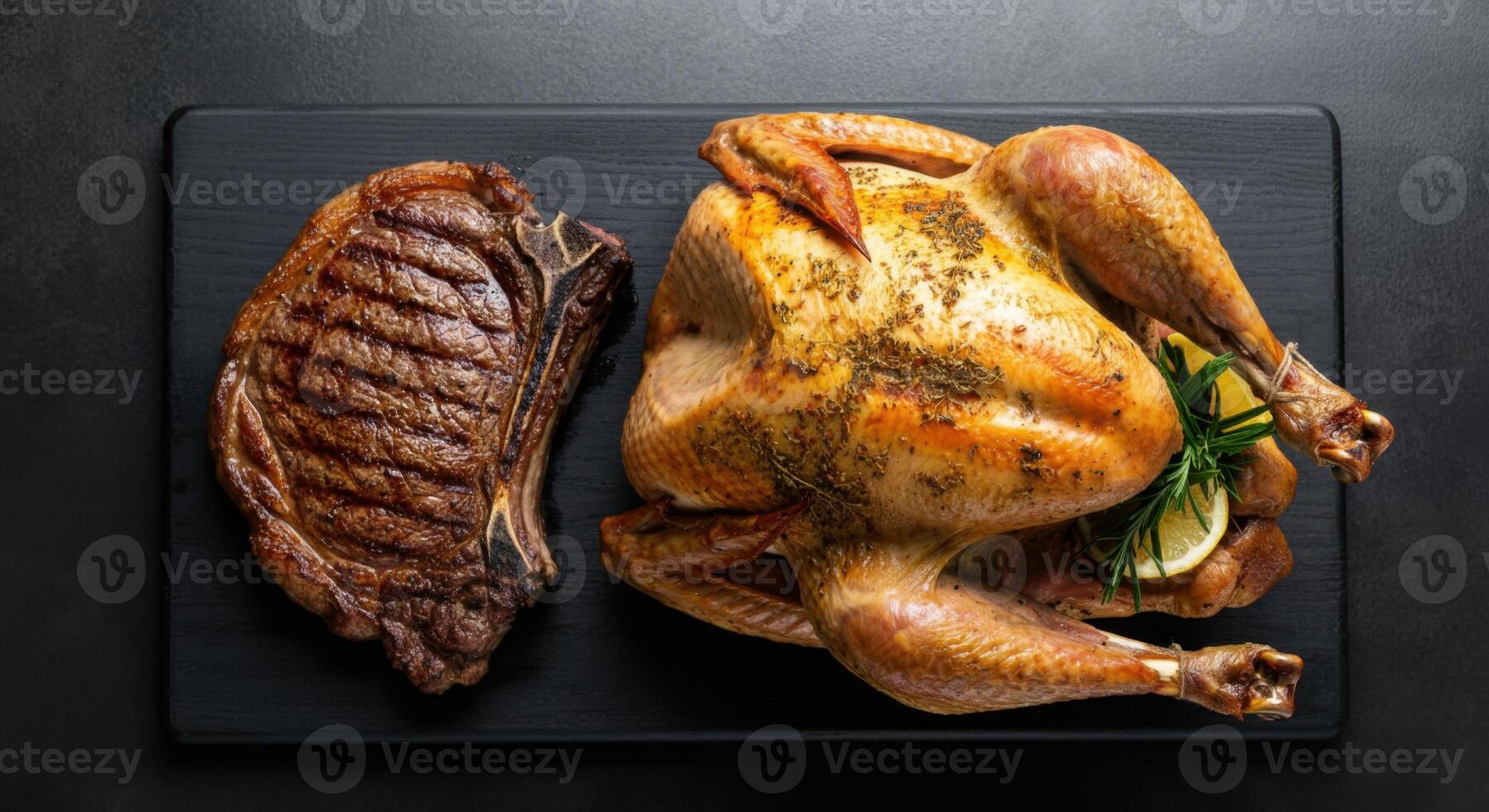 Thanksgiving Feast Turkey, Steak, and Lemon Garnish photo