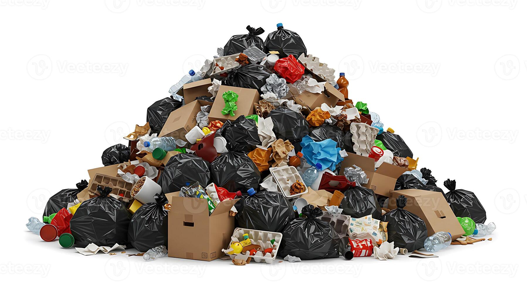 Large Pile of Waste and Trash with Bags and Boxes on White photo