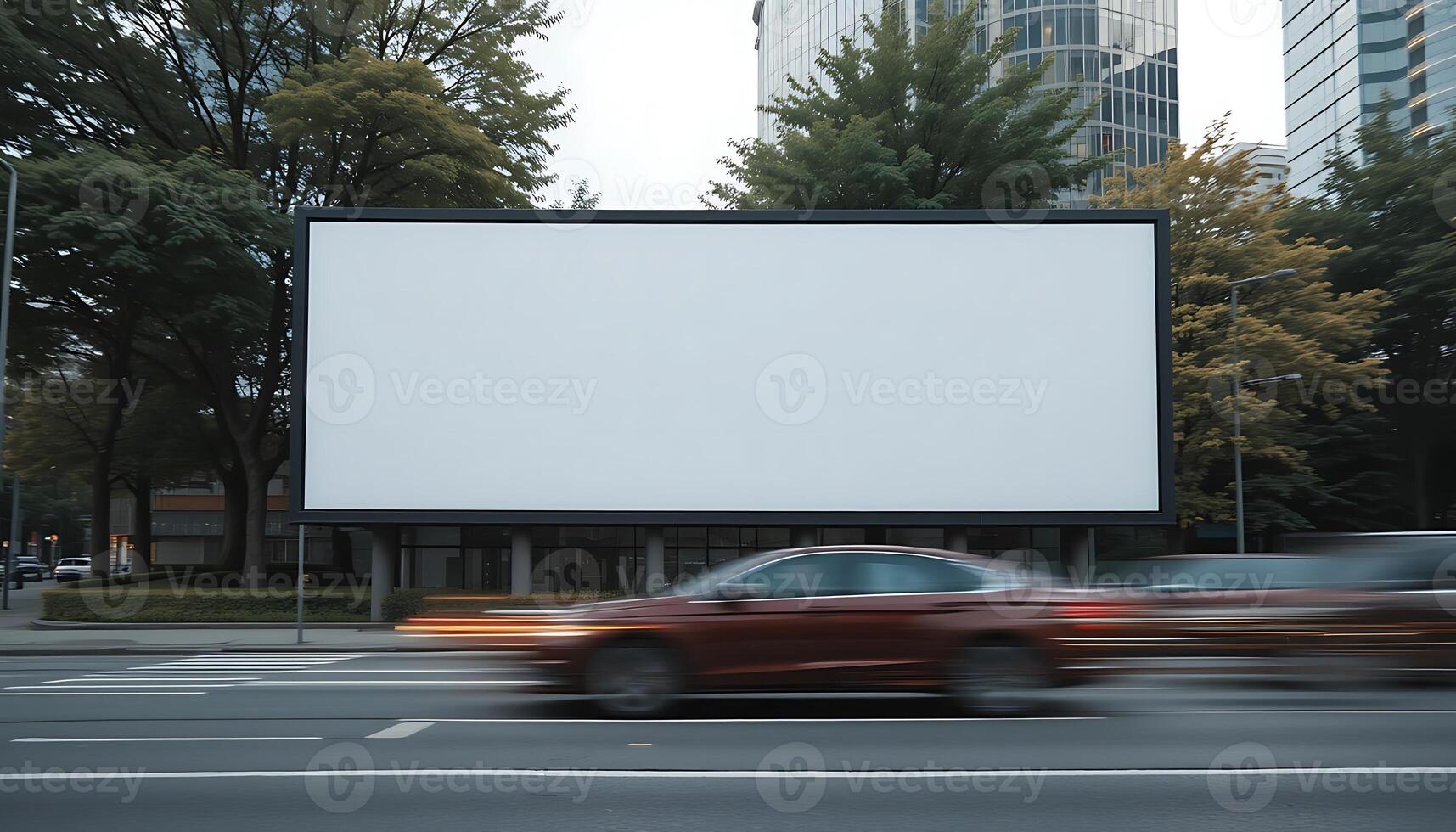 Blank Billboard Mockup in Cityscape with Passing Cars and Modern Buildings photo