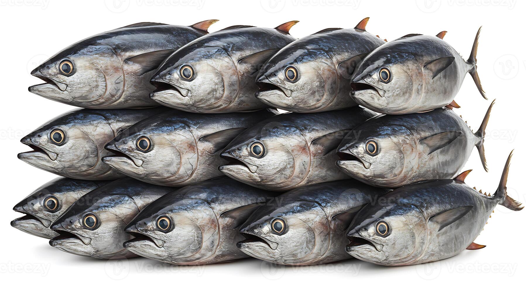 Fresh Tuna Fish Stacked Together on White Background photo