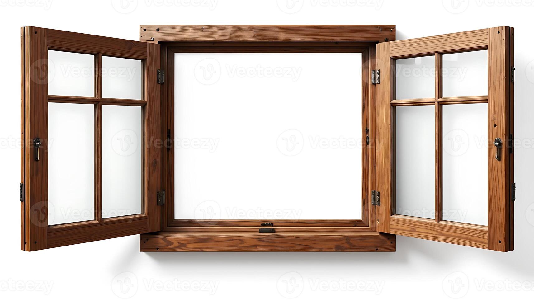 Open Wooden Window Frame with Transparent Glass and White Background photo