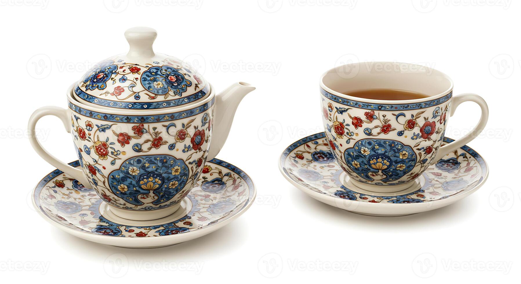 Serving Tea in Floral Teapot and Cup Set with Intricate Pattern photo