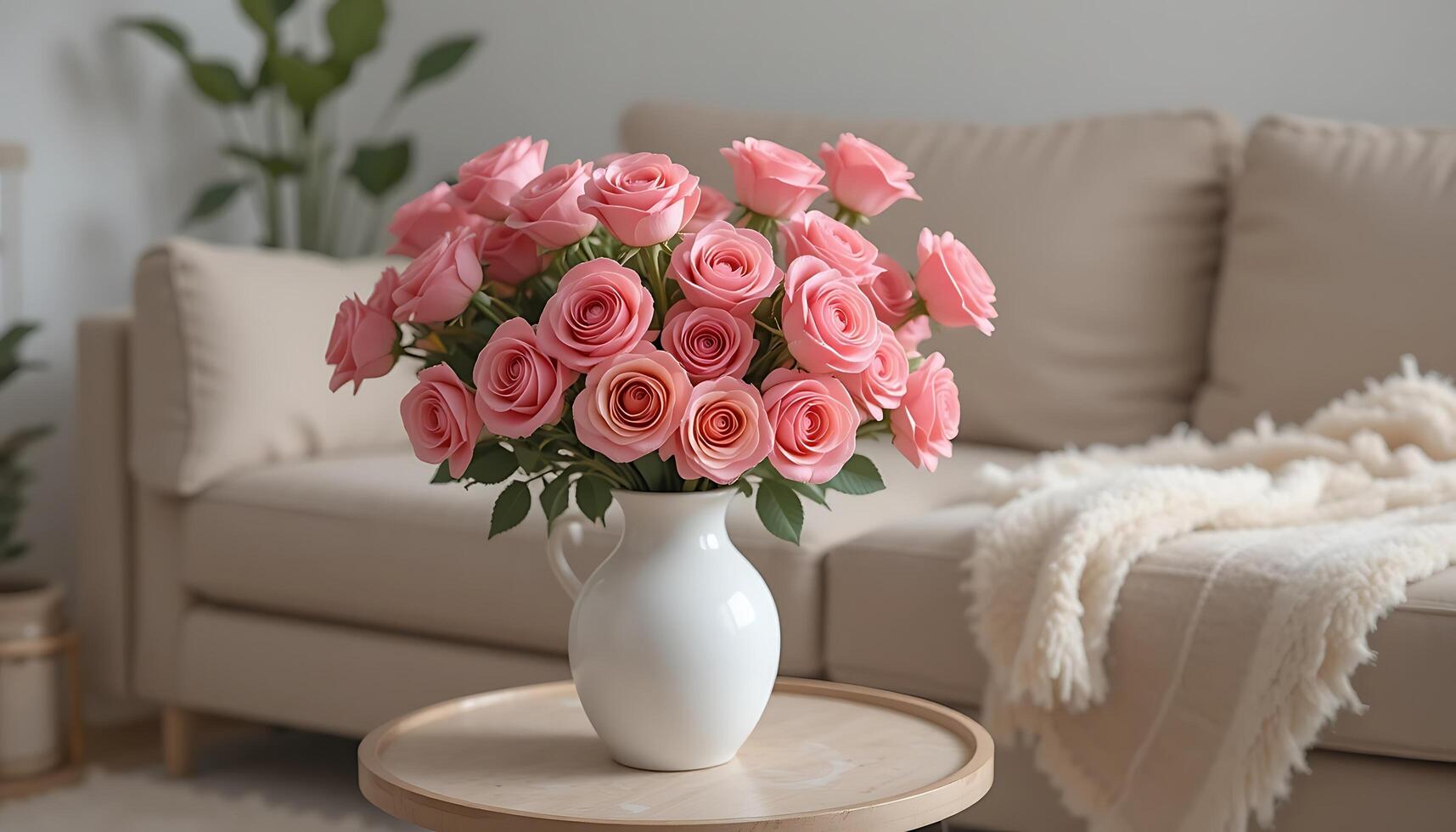 Pink Roses Bouquet in White Vase on Table Indoors photo