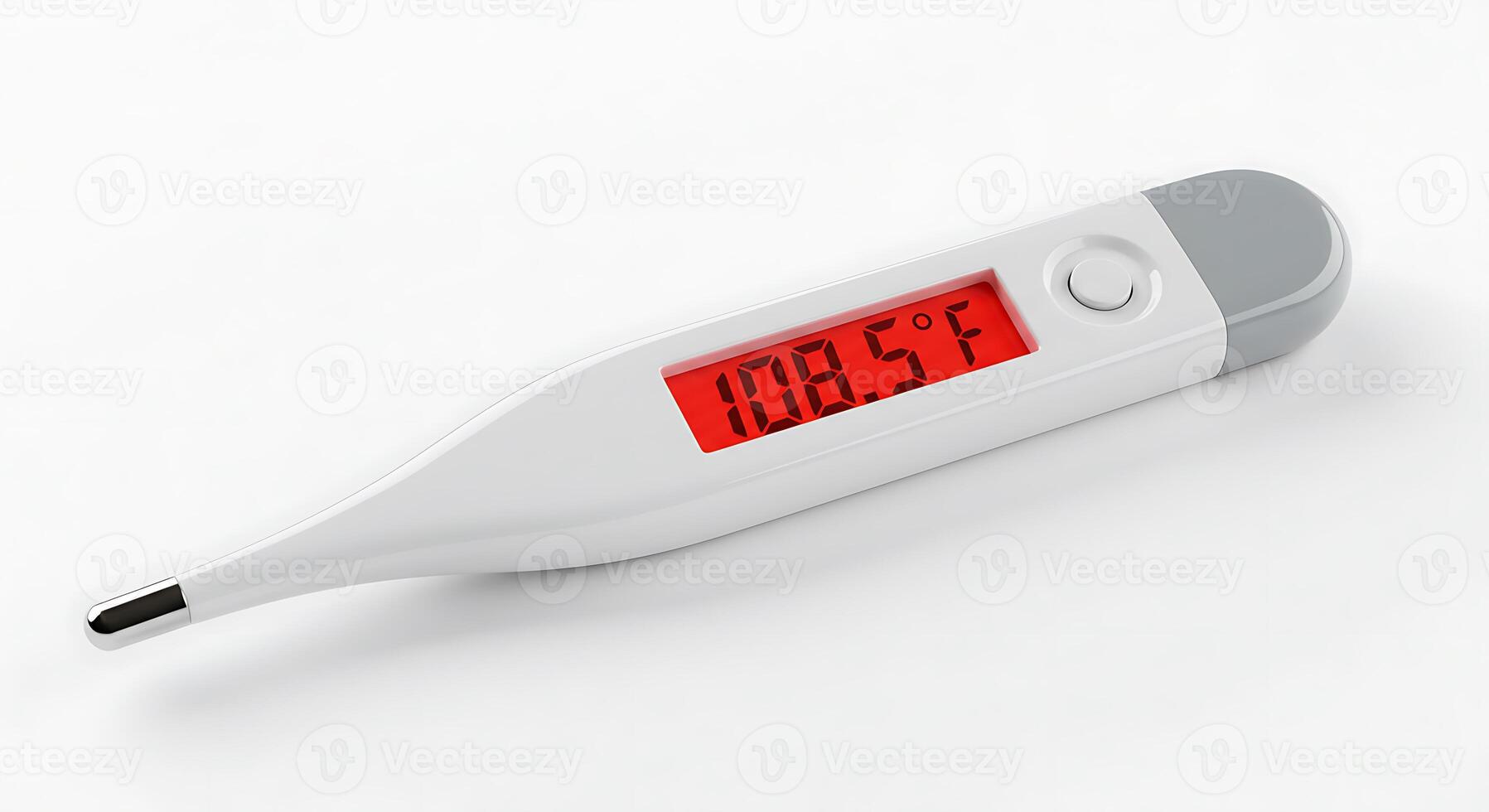 Digital Thermometer Displaying High Temperature on White Background for Medical Concept photo