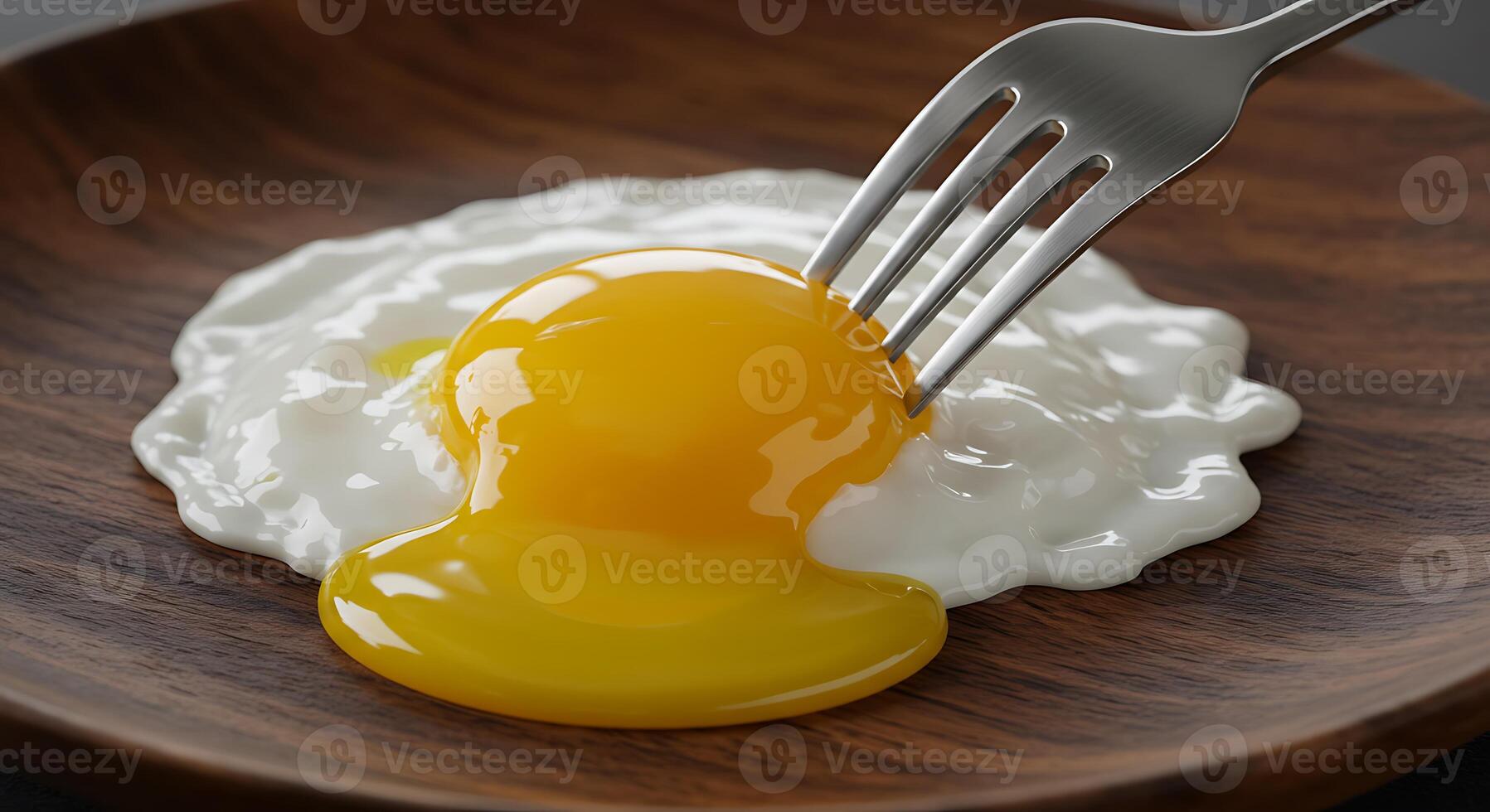 Fried Egg Yolk on Wooden Plate Being Poked by a Fork photo