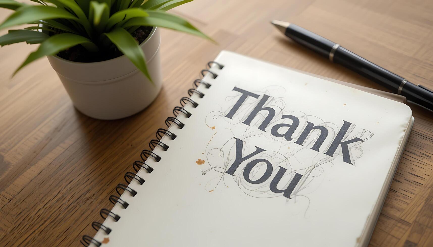 Thank You Message on Notepad with Pen and Plant photo
