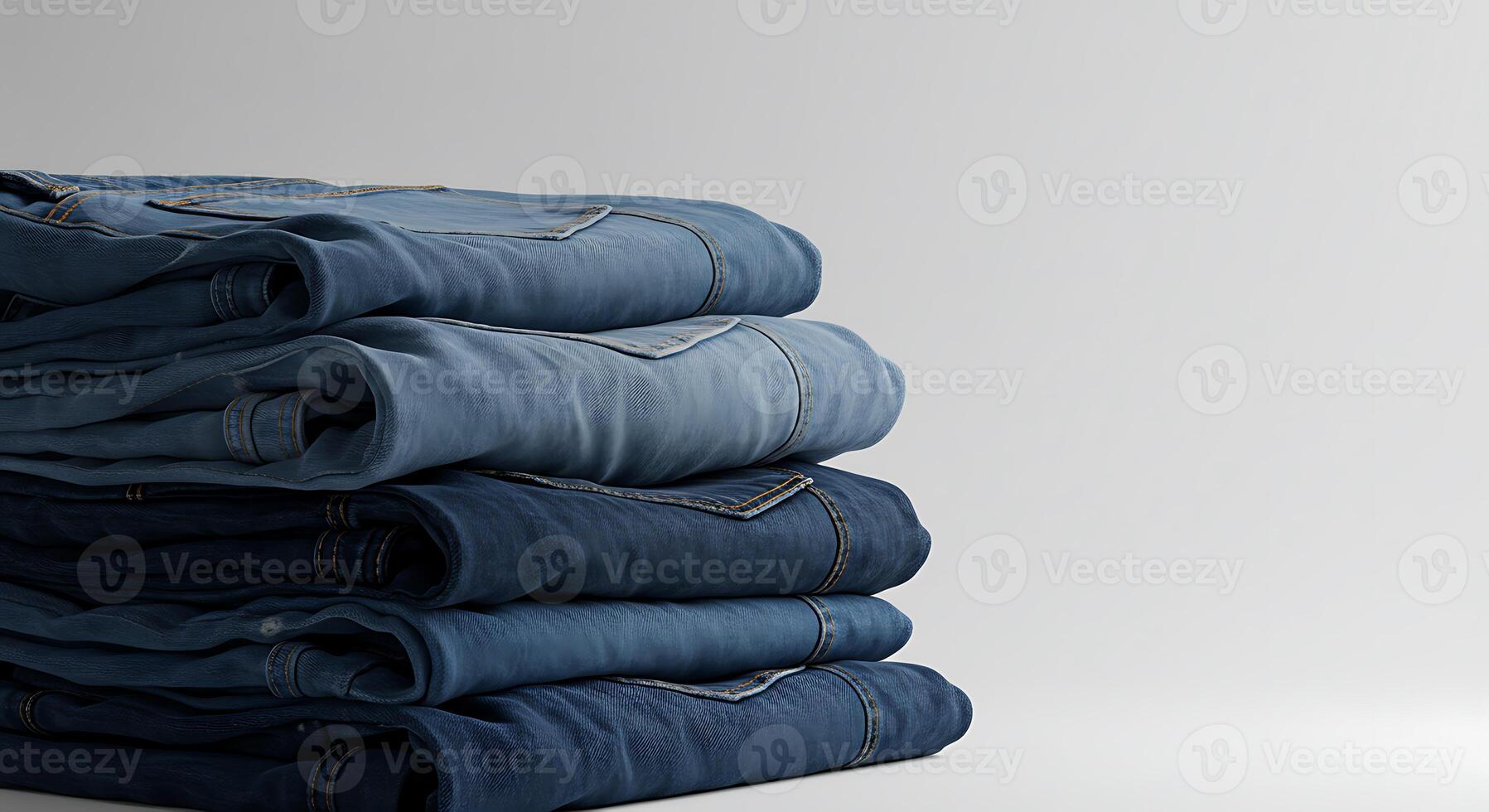 Stack of Folded Denim Jeans in Various Blue Shades on Gray Background photo