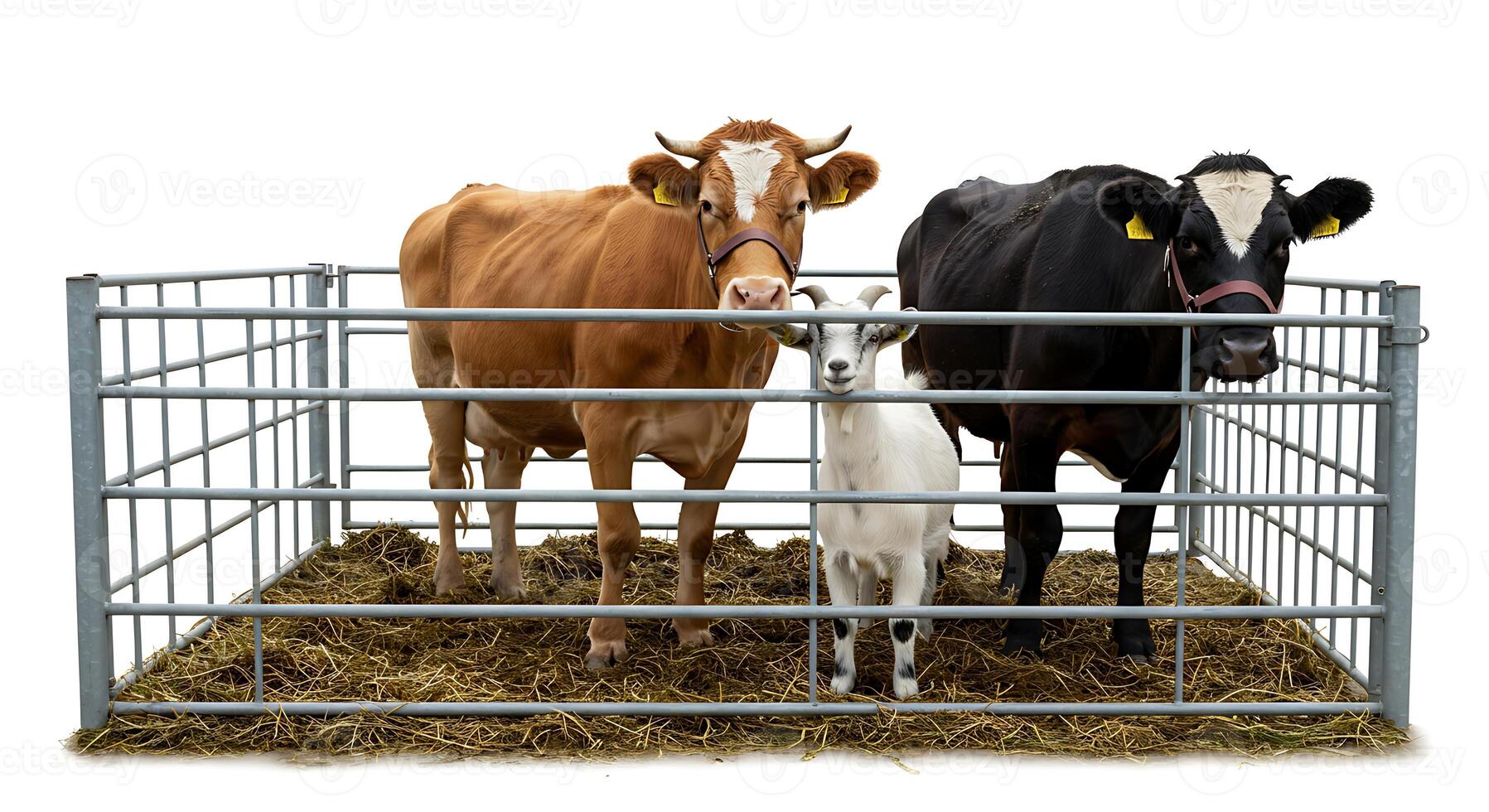 Cows and Goat Standing Inside Metal Enclosure on Straw Bedding photo