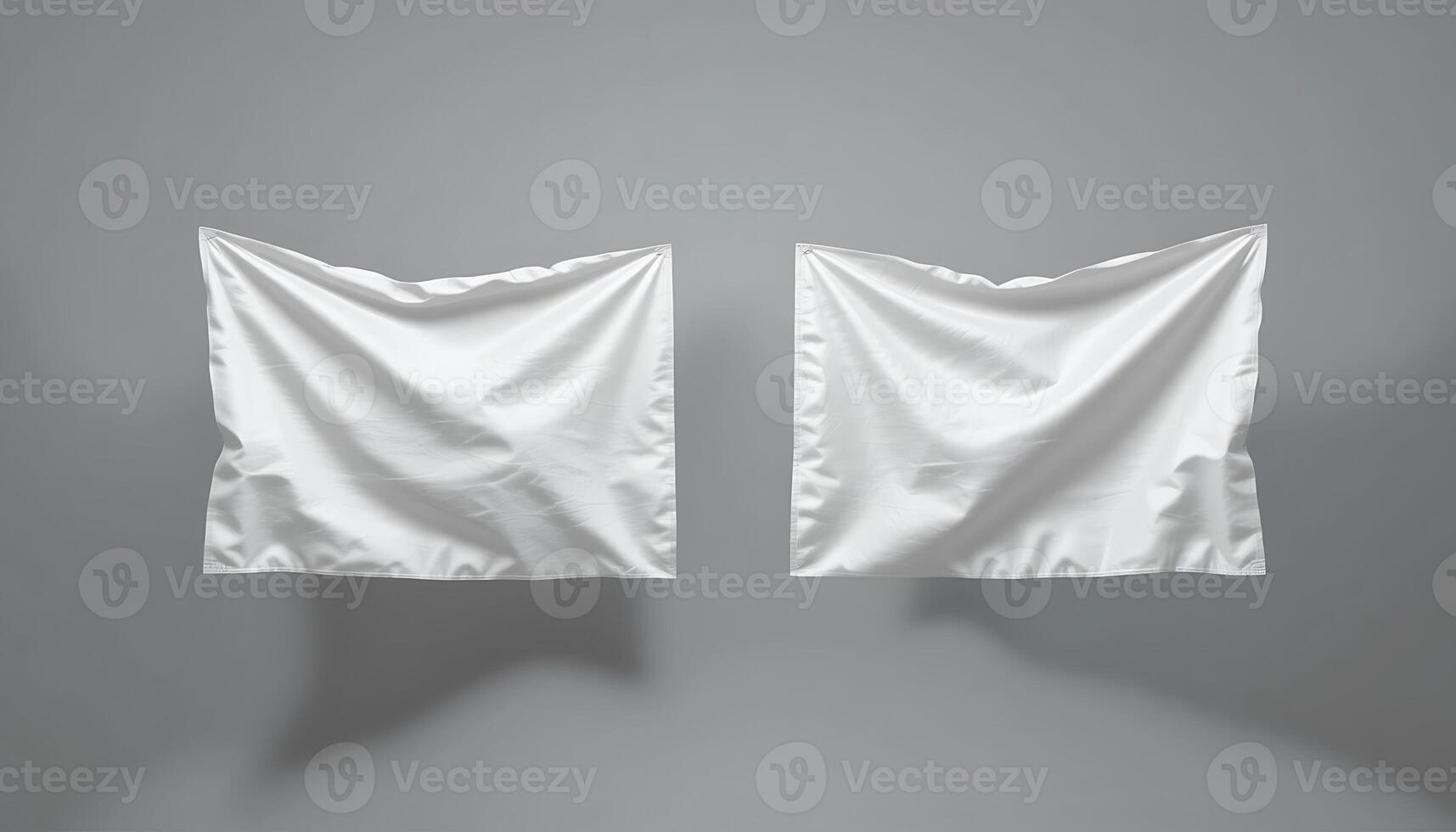 Two White Cloth Banners Hanging on Gray Wall Mockup Display photo