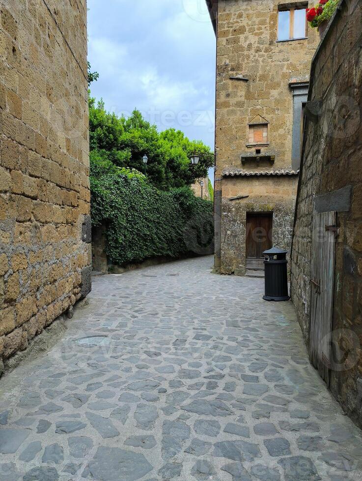 Exploring a serene cobblestone alley in a historic village under a cloudy sky photo