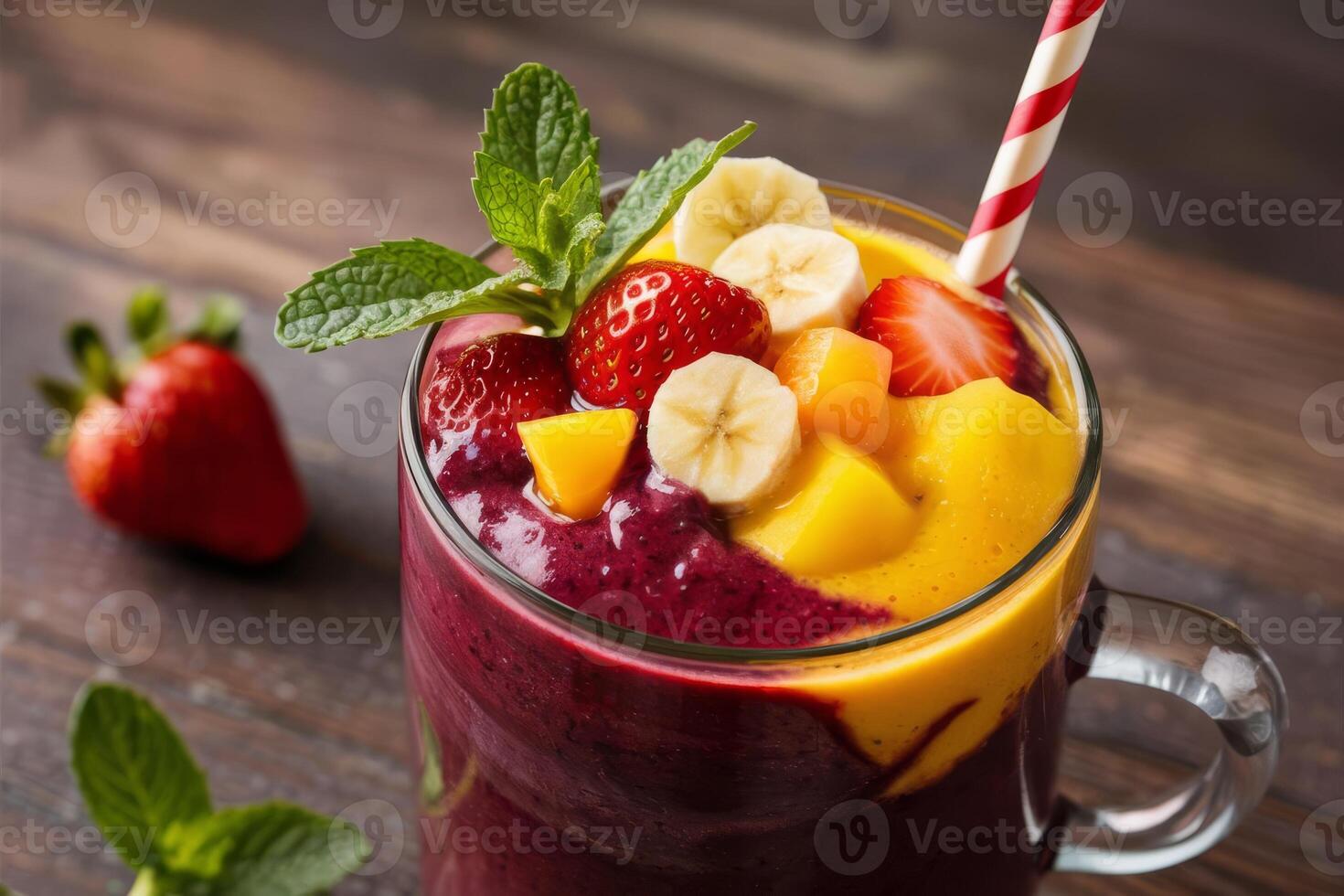 Closeup mixed fruit smoothie glass photo