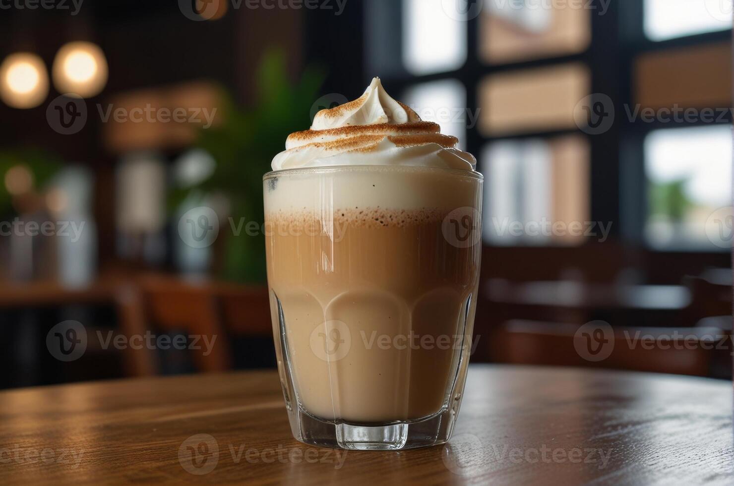 Closeup hot latte coffee glass on wood table at the cafe photo