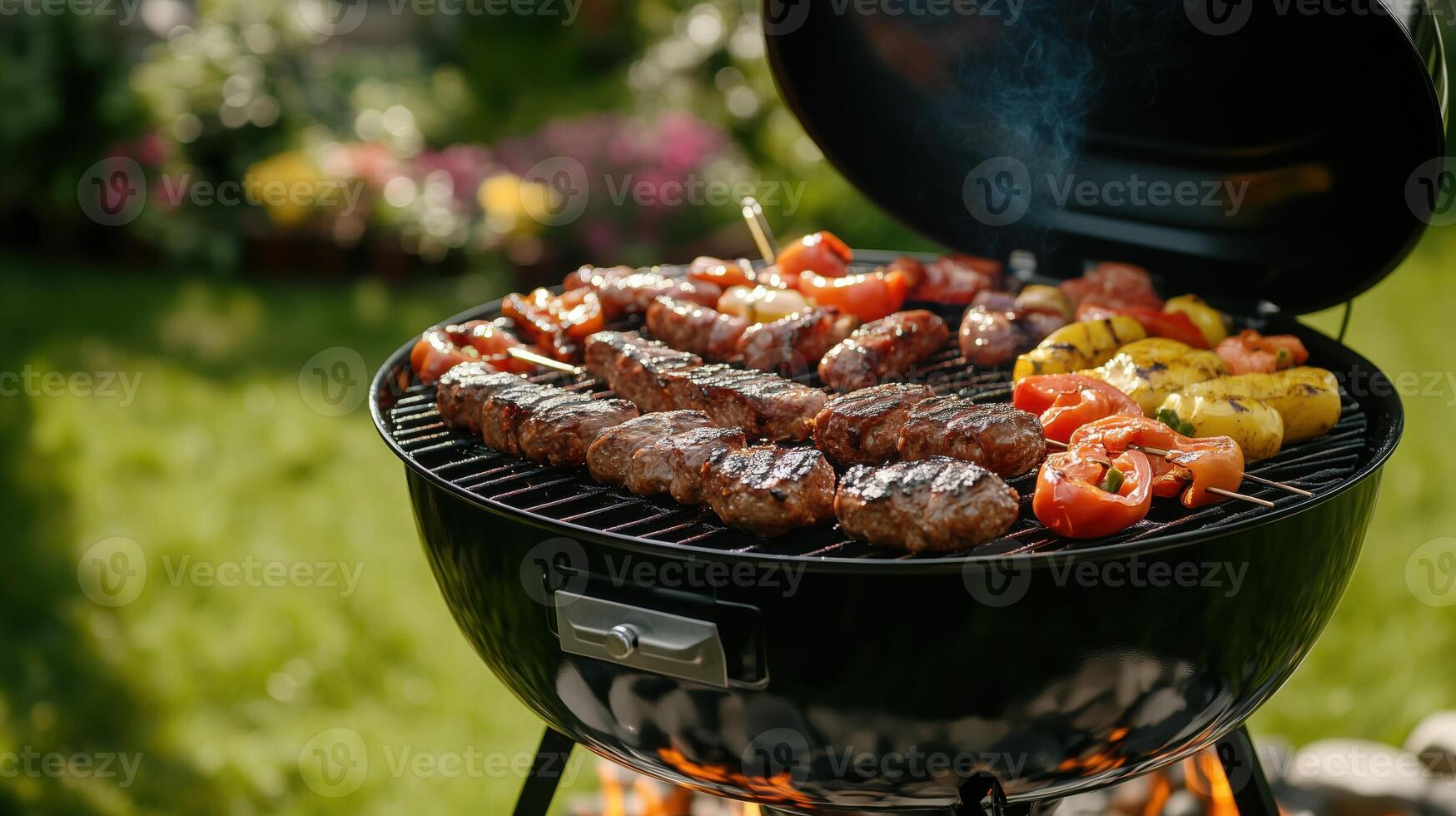 Close-up of a barbecue grill with assorted meat and vegetables cooking outdoors in a sunny garden photo