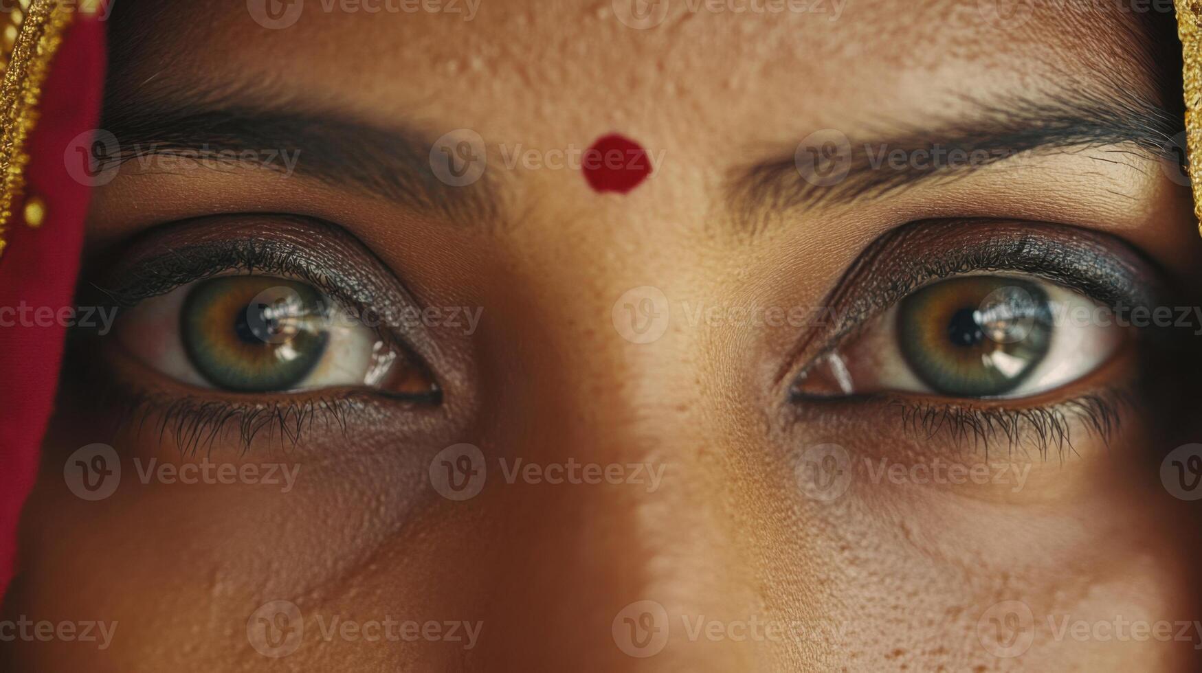 Close-up portrait of Indian woman's expressive eyes with red bindi dot on forehead photo
