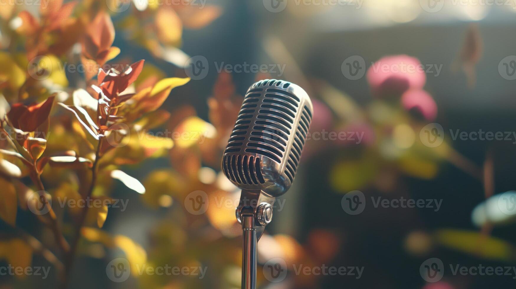 Classic retro microphone against colorful bokeh background with flowers and leaves photo