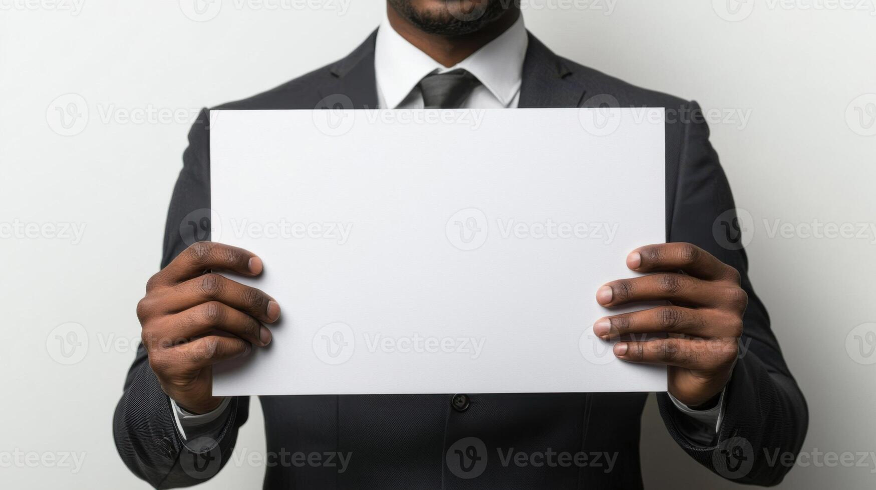 Business professional in dark suit and tie holding blank white poster or sign photo