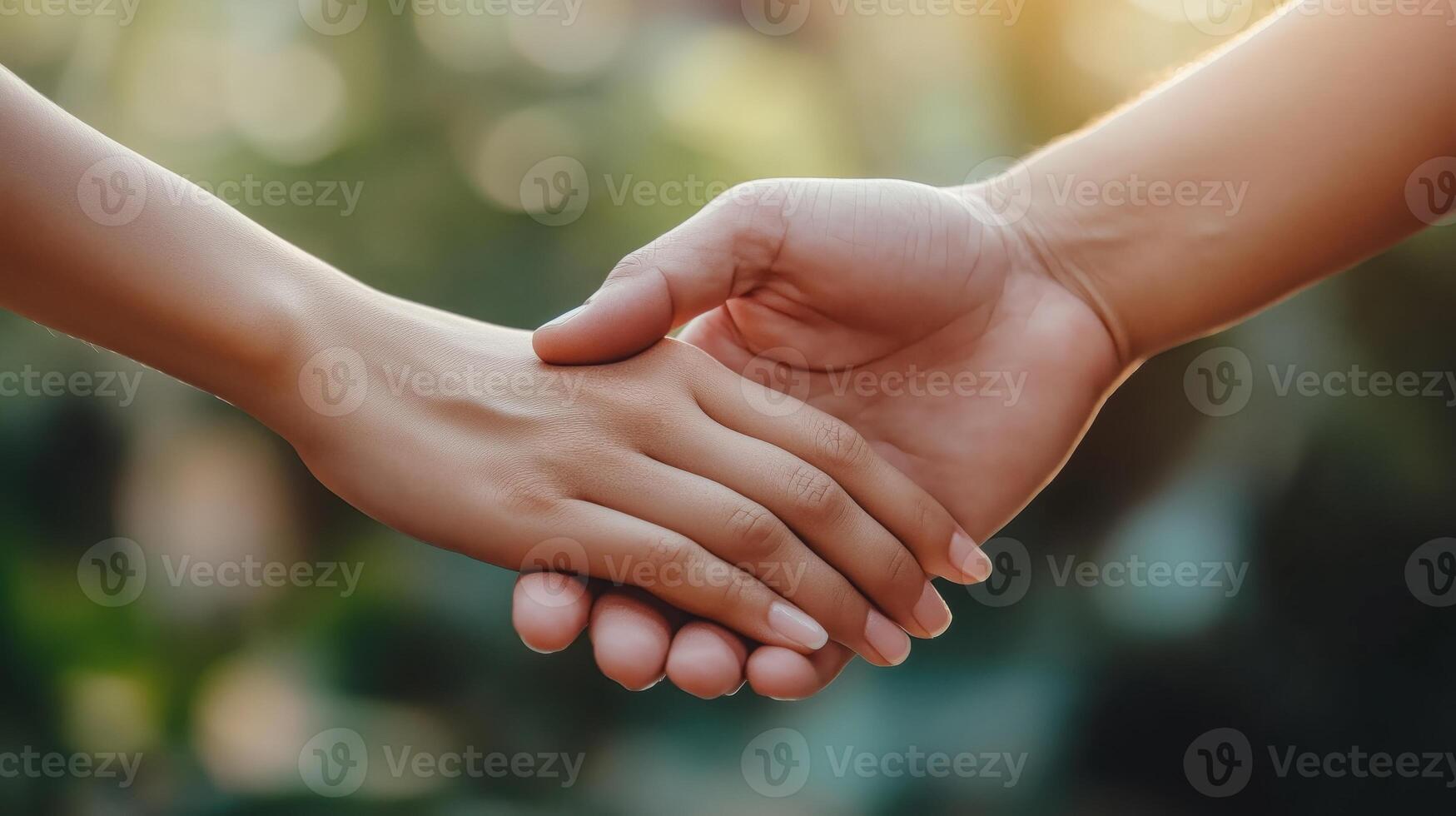 Close-up of two people holding hands in gesture of support and connection photo