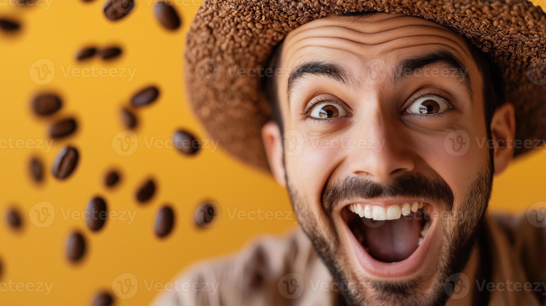 Young man expressing joy and excitement against a yellow background with flying coffee beans photo
