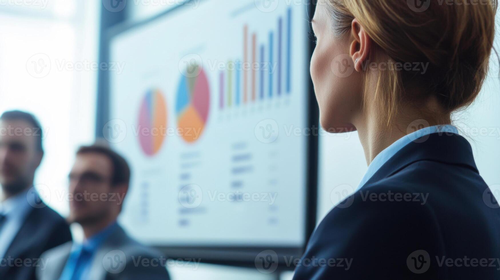 Side view of businessperson looking at colorful data visualization with pie charts and bar graphs on large screen during corporate presentation photo