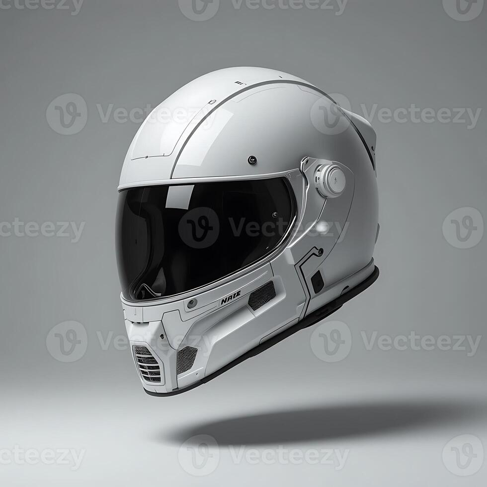 Futuristic White Motorcycle Helmet with Dark Visor Floating on Gray Background photo