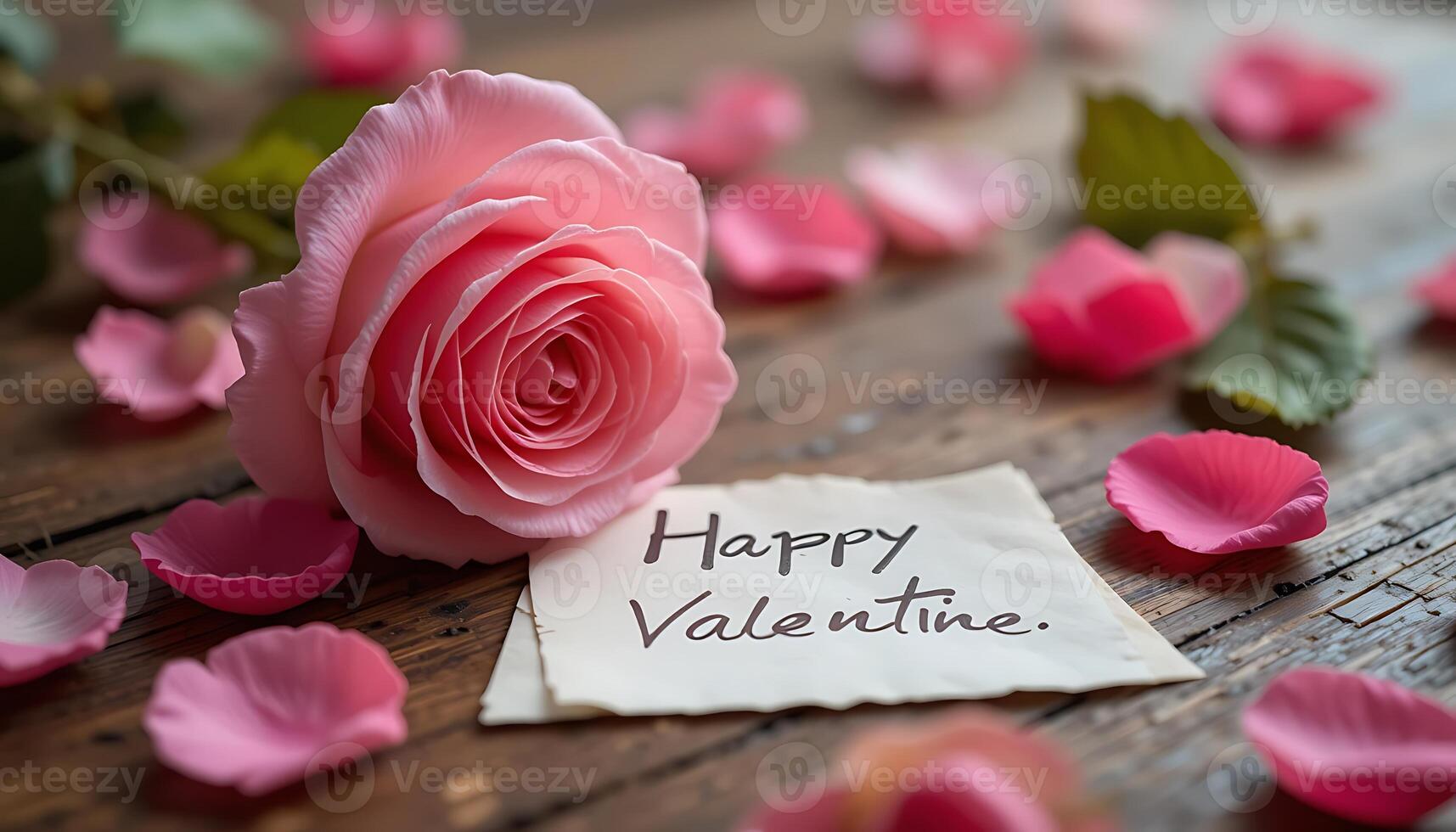 Pink Rose with Petals on Wooden Table for Valentine photo
