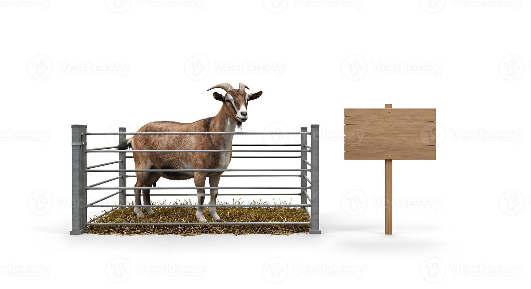 Goat Standing in Pen with Wooden Sign on White Background photo