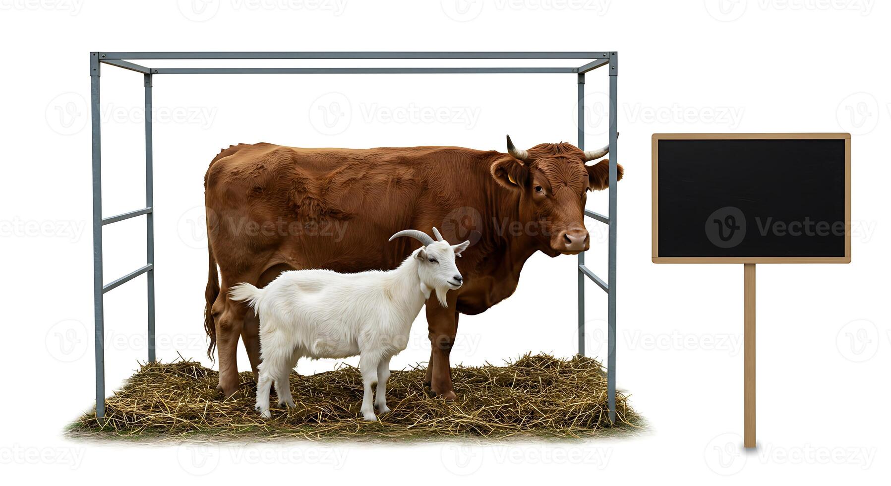 Cow and Goat Standing Together in Pen with Blank Sign photo